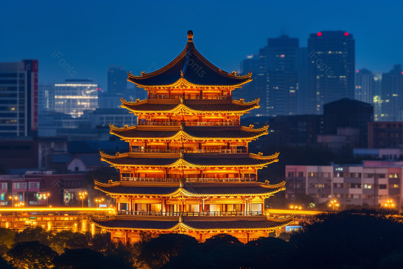 夜景灯光下的古代建筑摄影图,高清,摄影图,摄影图片,图片大全,摄影图免费下载